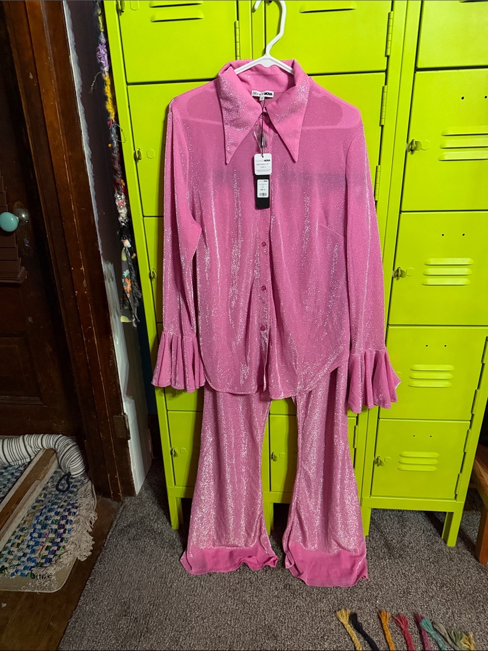 Fashion Nova Pink Metallic Flared Jumpsuit Set